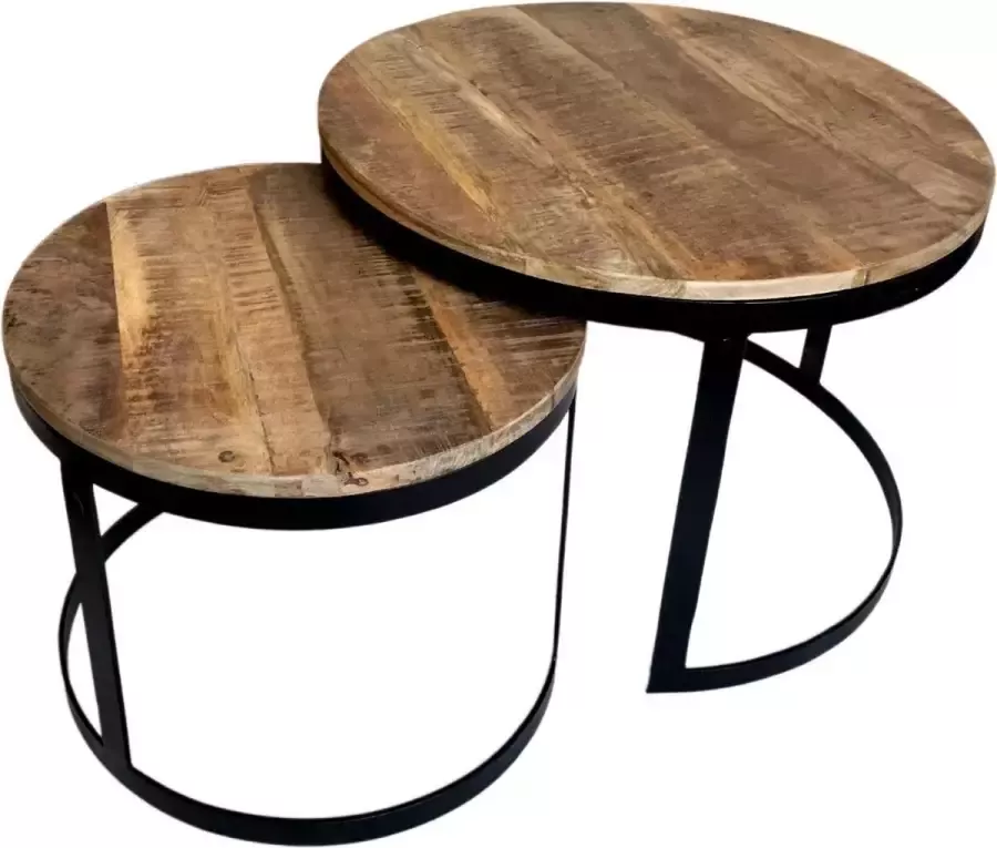 Sunfield salontafel set van 2 bijzettafel woonkamertafel rond Austin metalen frame zwart