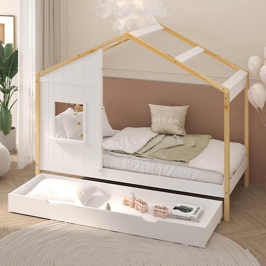 Sunny Beau Bedhuisje – Kinderbed Met Opberglade – Met Uitvalbeveiliging – 208 x 97 x 171 cm – Peuterbed Meisjes en Jongens – FSC 100% Hout – Huisbed 90x200 Met Lattenbodem – Kajuitbed Exclusief Matras – Naturel wit
