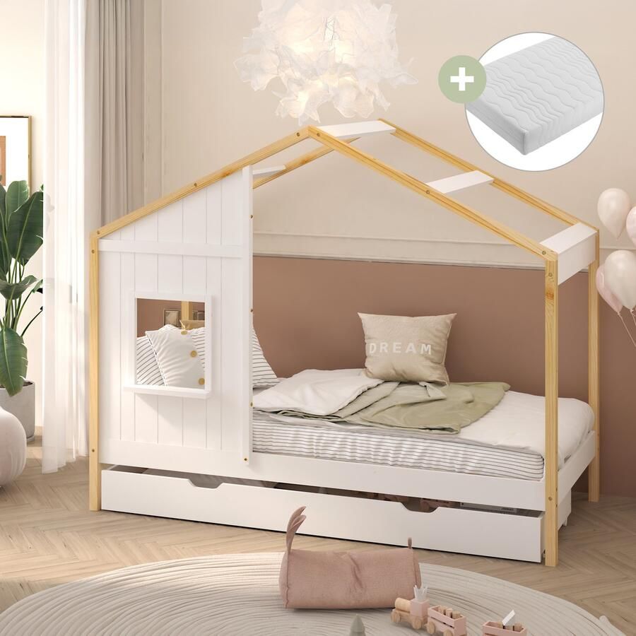 Sunny Beau Bedhuisje – Kinderbed Met Opberglade – Met Uitvalbeveiliging – 208 x 97 x 171 cm – Peuterbed Meisjes en Jongens – FSC 100% Hout – Huisbed 90x200 Met Lattenbodem – Kajuitbed Inclusief Matras – Naturel wit