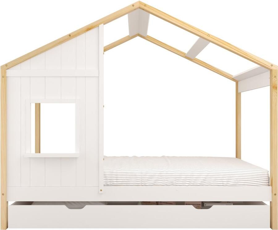 Sunny Beau Bedhuisje – Kinderbed Met Opberglade – Met Uitvalbeveiliging – 208 x 97 x 171 cm – Peuterbed Meisjes en Jongens – FSC 100% Hout – Huisbed 90x200 Met Lattenbodem – Kajuitbed Exclusief Matras – Naturel wit - Foto 2