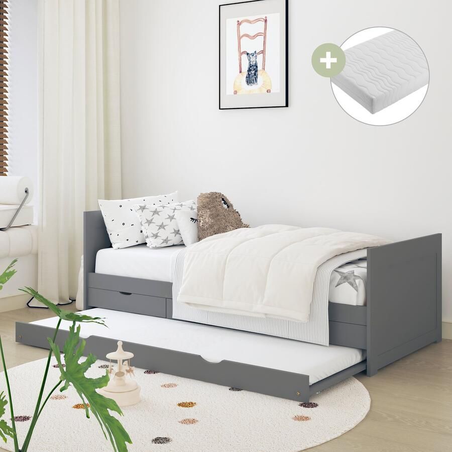 Sunny Eli Kinderbed – Onderschuifbed Met 3 Opberglades – Kinderbed met Uitschuifbed 206 x 97 x 75 cm – Peuterbed Meisjes en Jongens – FSC 100% Hout – Met Lattenbodem – Kajuitbed Inclusief Matras – Grijs