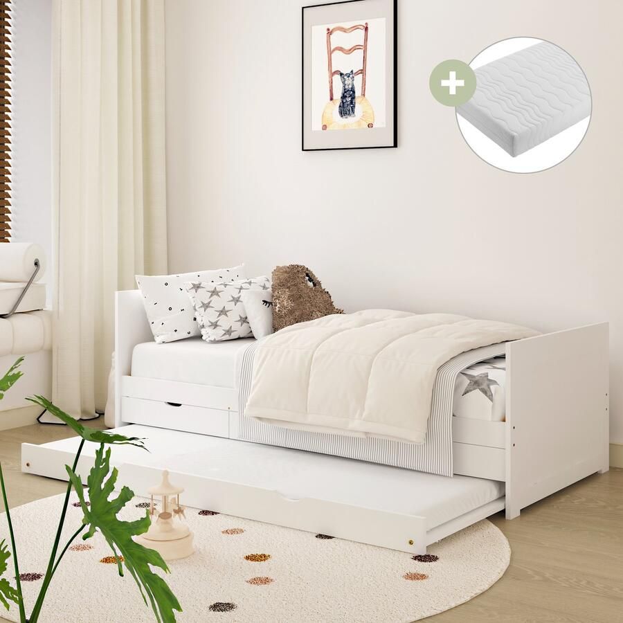 Sunny Eli Kinderbed – Onderschuifbed Met 3 Opberglades – Kinderbed met Uitschuifbed 206 x 97 x 75 cm – Peuterbed Meisjes en Jongens – FSC 100% Hout – Met Lattenbodem – Kajuitbed Inclusief Matras – Wit