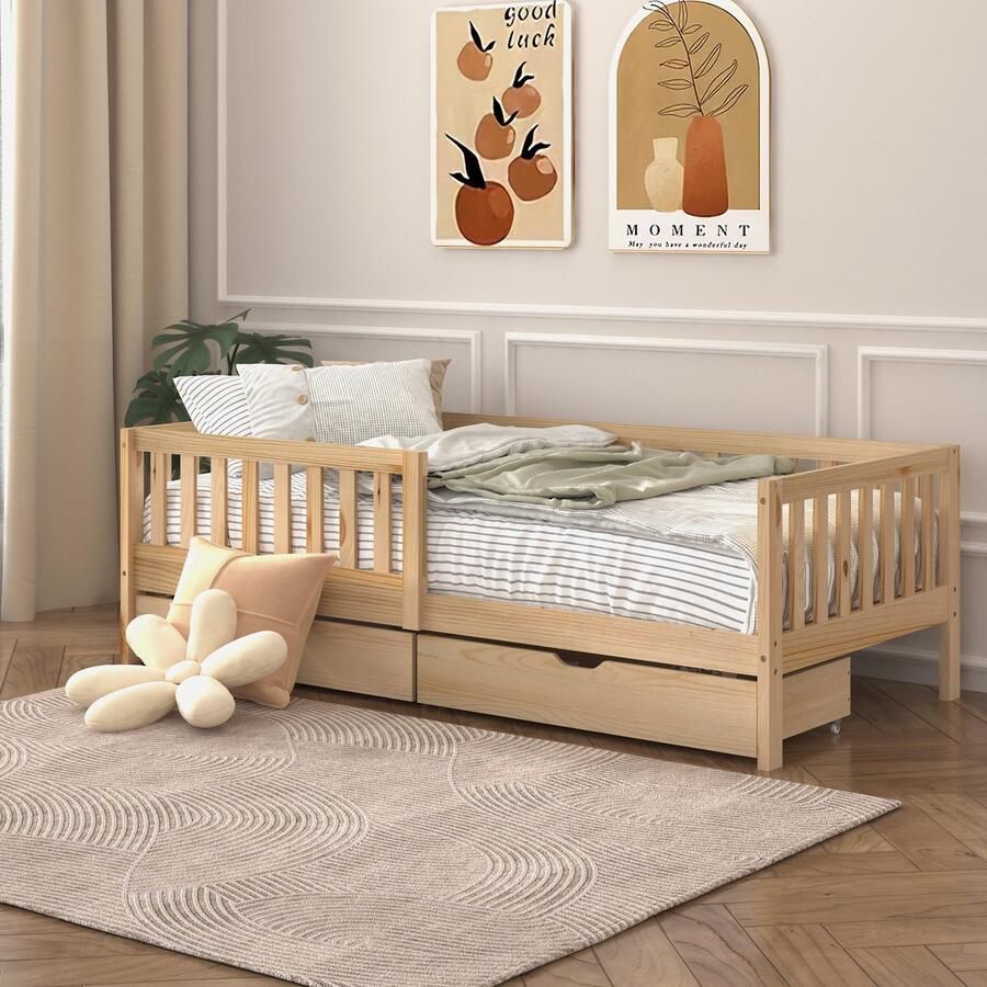 Sunny Isa Kinderbed – Met 2 Opberglades – Kinderbed met Uitvalbeveiliging 206 x 98 cm – Peuterbed Meisjes en Jongens – FSC 100% Hout – Met Lattenbodem –Exclusief Matras – Naturel