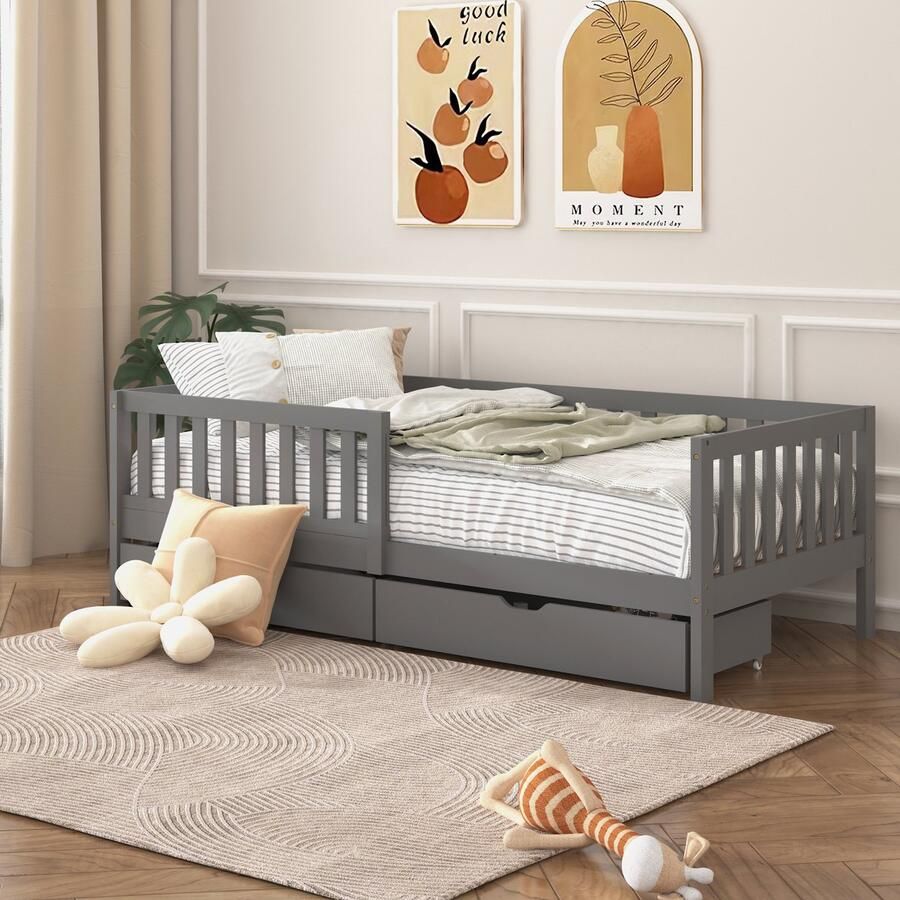 Sunny Isa Kinderbed – Met 2 Opberglades – Kajuitbed met Uitvalbeveiliging 206 x 98 cm – Peuterbed Meisjes en Jongens – FSC 100% Hout – Met Lattenbodem – Exclusief Matras Grijs