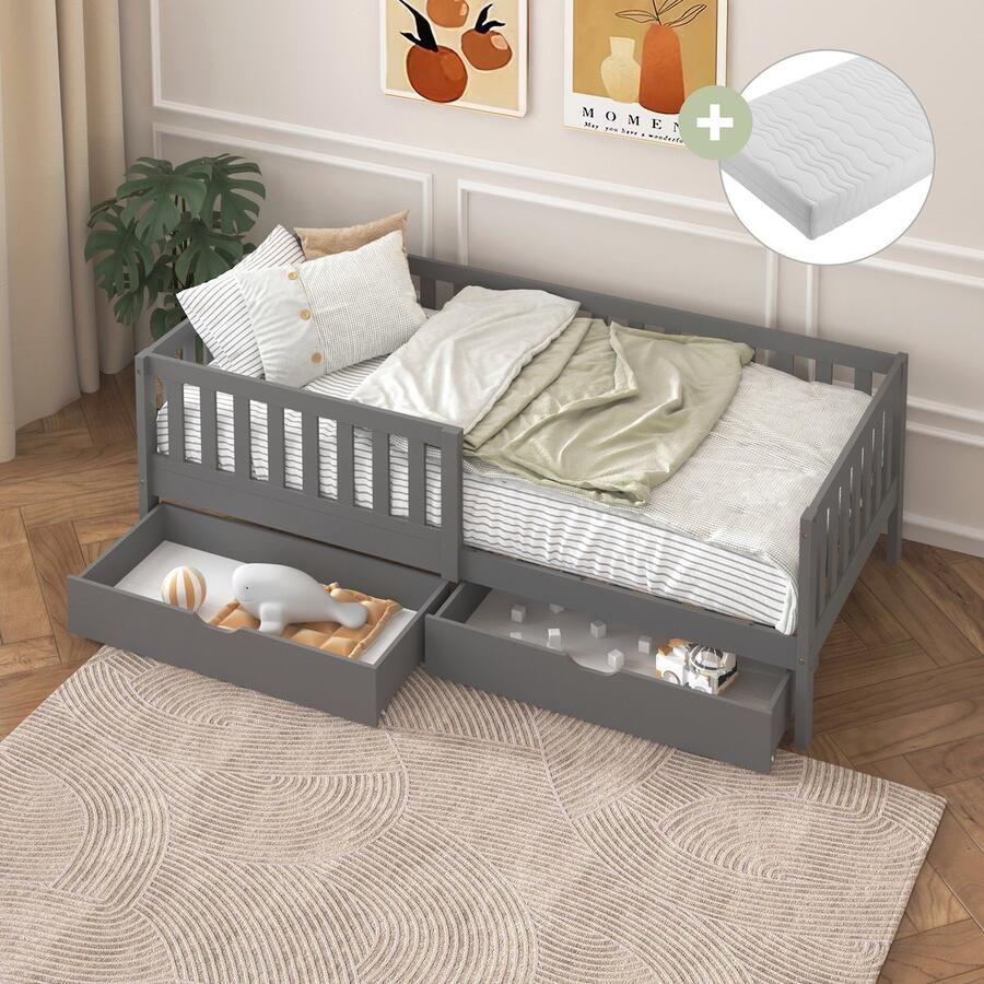 Sunny Isa Kinderbed – Met 2 Opberglades – Kajuitbed met Uitvalbeveiliging 206 x 98 cm – Peuterbed Meisjes en Jongens – FSC 100% Hout – Met Lattenbodem – Inclusief Matras Grijs