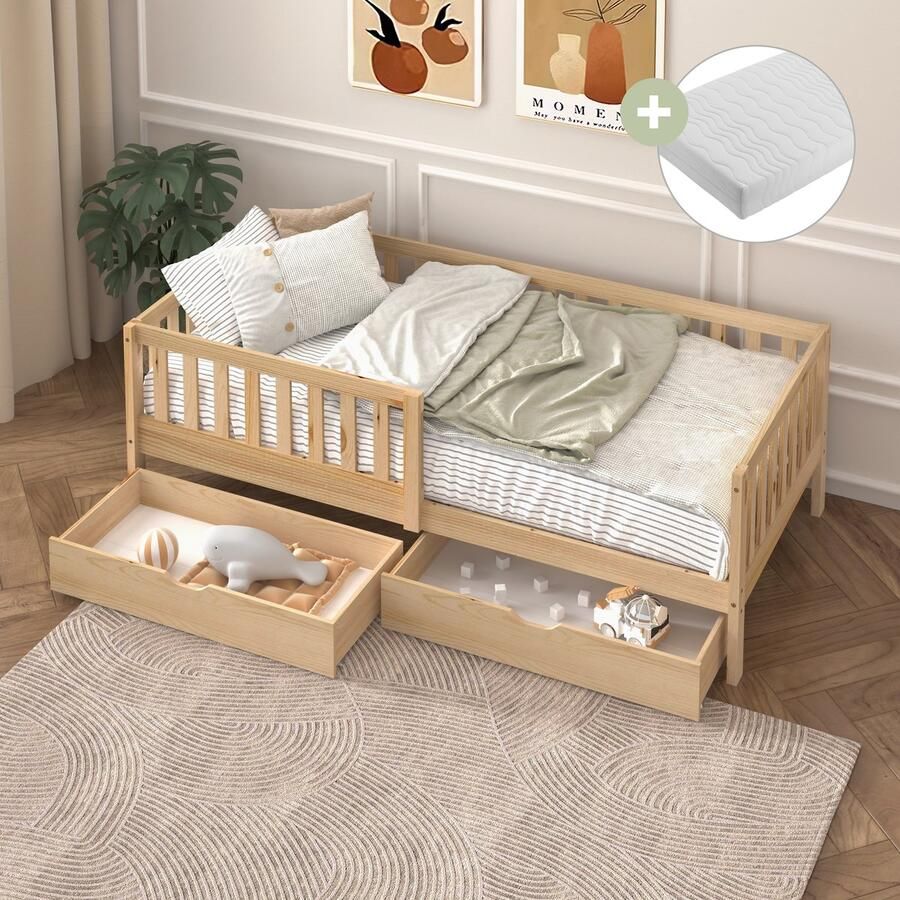 Sunny Isa Kinderbed – Met 2 Opberglades – Kajuitbed met Uitvalbeveiliging 206 x 98 cm – Peuterbed Meisjes en Jongens – FSC 100% Hout – Met Lattenbodem – Inclusief Matras – Naturel