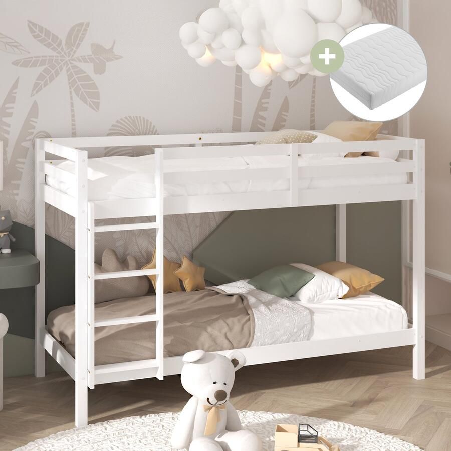 Sunny Jip Stapelbed – Met 2 Slaapplekken – Met Uitvalbeveiliging en rechte ladder 208 x 97 x 140 cm – Peuterbed Meisjes en Jongens – FSC 100% Hout – Met Lattenbodems – Kinderstapelbed Inclusief Matrassen – Wit