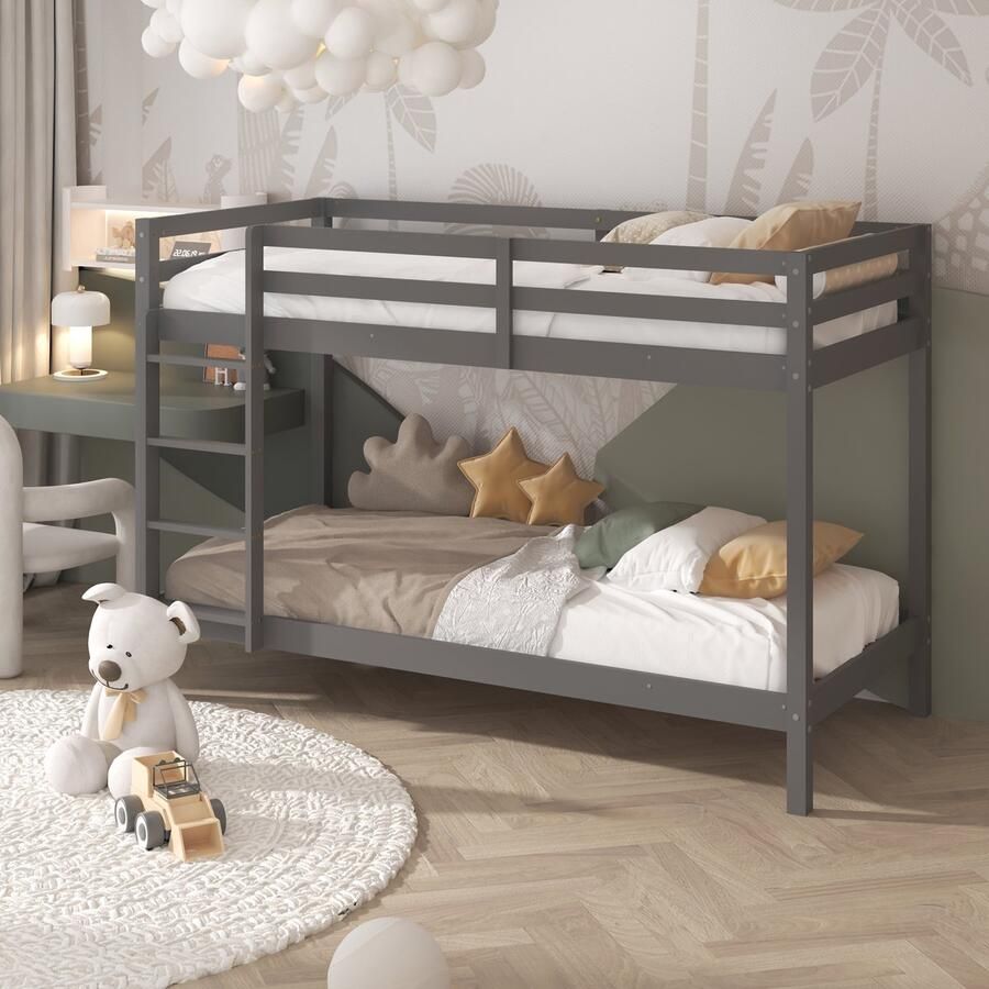 Sunny Jip Stapelbed – Met 2 Slaapplekken – Met Uitvalbeveiliging en rechte ladder 208 x 97 x 140 cm – Peuterbed Meisjes en Jongens – FSC 100% Hout – Met Lattenbodems – Kinderstapelbed Exclusief Matrassen – Grijs