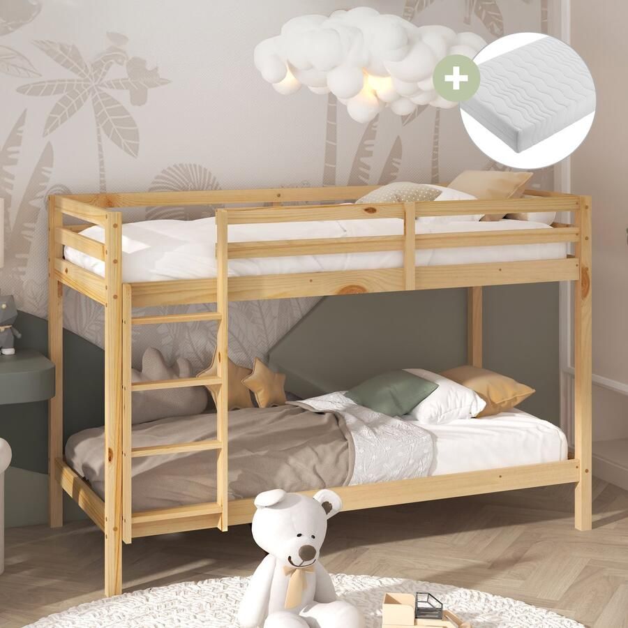 Sunny Jip Stapelbed – Met 2 Slaapplekken – Met Uitvalbeveiliging en rechte ladder 208 x 97 x 140 cm – Peuterbed Meisjes en Jongens – FSC 100% Hout – Met Lattenbodems – Kinderstapelbed Inclusief Matrassen – Naturel