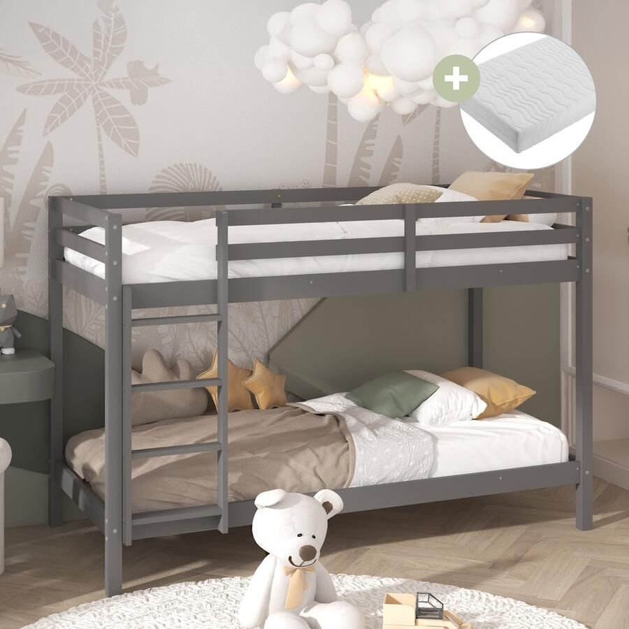 Sunny Jip Stapelbed – Met 2 Slaapplekken – Met Uitvalbeveiliging en rechte ladder 208 x 97 x 140 cm – Peuterbed Meisjes en Jongens – FSC 100% Hout – Met Lattenbodems – Kinderstapelbed Inclusief Matrassen – Grijs