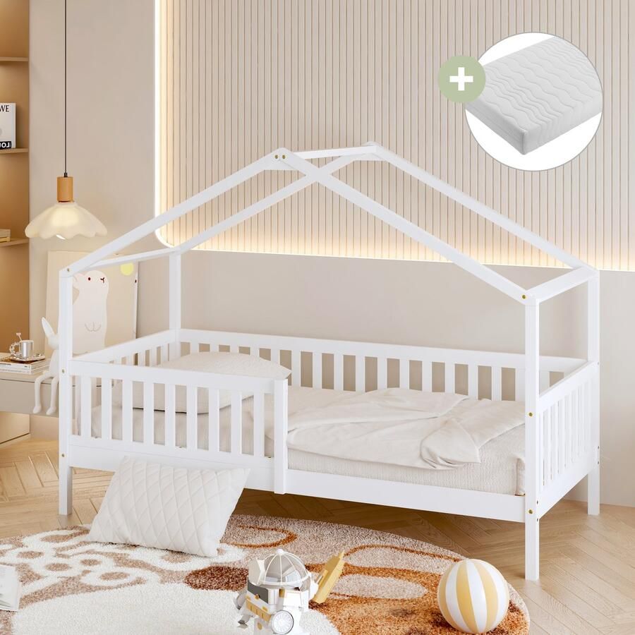 Sunny Kae Bedhuisje – Kinderbed Met Uitvalbeveiliging – 207 x 96 x 156 5 cm – Peuterbed Meisjes en Jongens – FSC 100% Hout – Huisbed 90x200 Met Lattenbodem – Bedbank Inclusief Matras – Wit