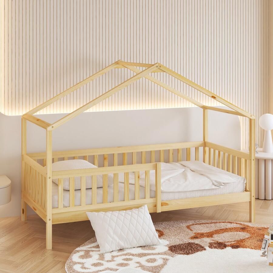 Sunny Kae Bedhuisje – Kinderbed Met Uitvalbeveiliging – 207 x 96 x 156 5 cm – Peuterbed Meisjes en Jongens – FSC 100% Hout – Huisbed 90x200 Met Lattenbodem – Bedbank Exclusief Matras – Naturel