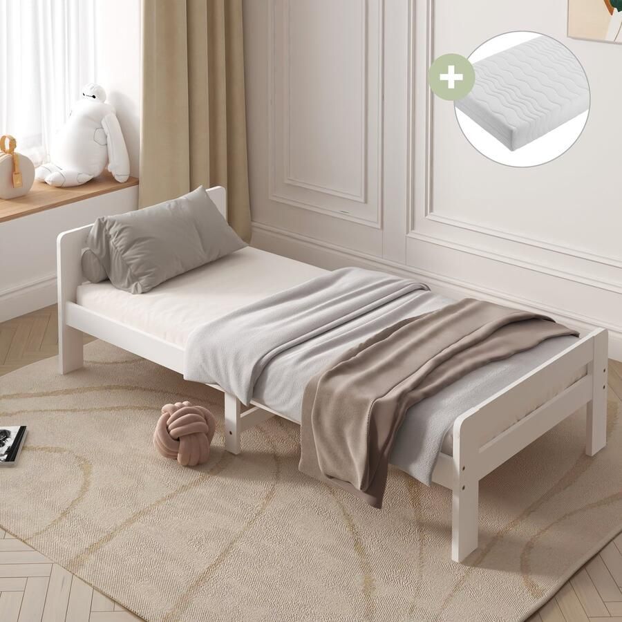 Sunny Olla Kinderbed – Kinderbed 200 x 90 – 205 5 x 98 x 61 cm – Peuterbed Meisjes en Jongens – FSC 100% Hout – Met Lattenbodem –Inclusief Matras – Wit