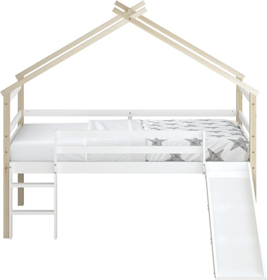 Sunny River Halfhoogslaper – Met Glijbaan – Met Uitvalbeveiliging en rechte ladder Bedhuisje – 213 x 97 x 183 cm – Peuterbed Meisjes en Jongens – FSC 100% Hout – Huisbed 90x200 Met Lattenbodem – Kajuitbed Exclusief Matras – Naturel wit - Foto 2