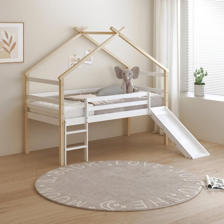 Sunny River Halfhoogslaper – Met Glijbaan – Met Uitvalbeveiliging en rechte ladder Bedhuisje – 213 x 97 x 183 cm – Peuterbed Meisjes en Jongens – FSC 100% Hout – Huisbed 90x200 Met Lattenbodem – Kajuitbed Exclusief Matras – Naturel wit