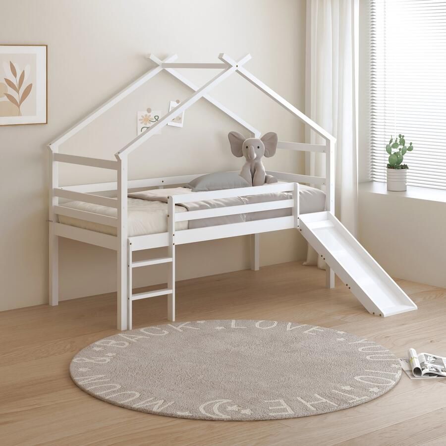 Sunny River Halfhoogslaper – Met Glijbaan – Met Uitvalbeveiliging en rechte ladder Bedhuisje – 213 x 97 x 183 cm – Peuterbed Meisjes en Jongens – FSC 100% Hout – Huisbed 90x200 Met Lattenbodem – Kajuitbed Exclusief Matras – Wit