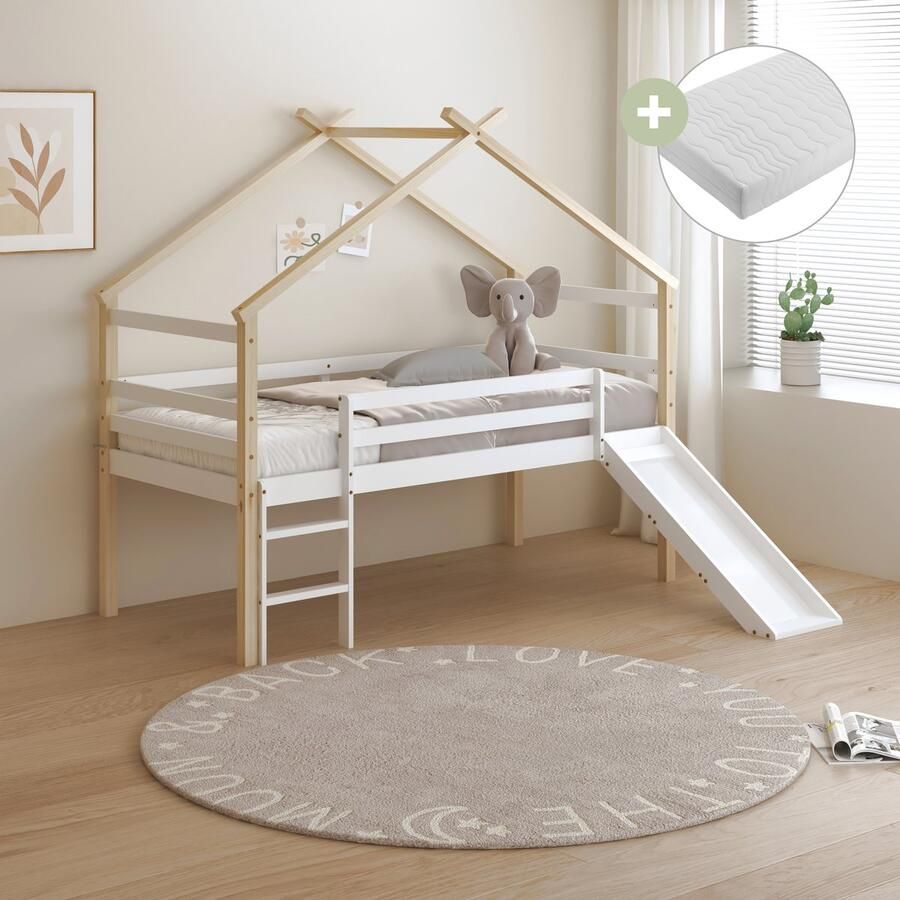 Sunny River Halfhoogslaper – Met Glijbaan – Met Uitvalbeveiliging en rechte ladder Bedhuisje – 213 x 97 x 183 cm – Peuterbed Meisjes en Jongens – FSC 100% Hout – Huisbed 90x200 Met Lattenbodem – Kinderbed Inclusief Matras – Naturel wit
