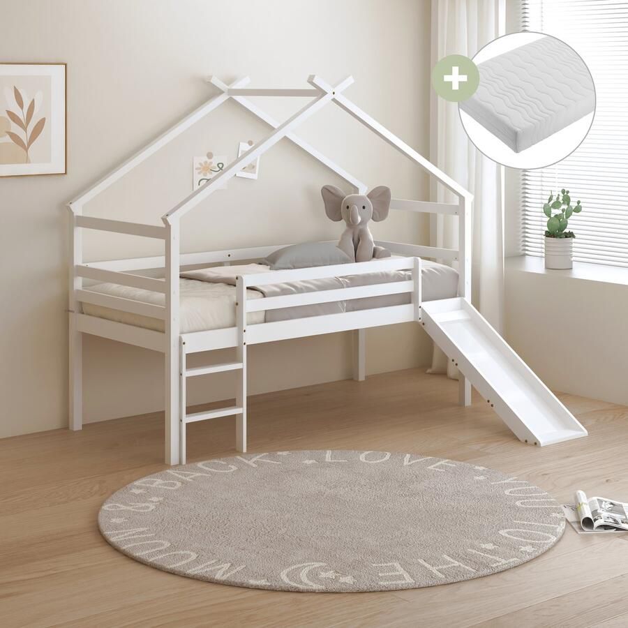 Sunny River Halfhoogslaper – Met Glijbaan – Met Uitvalbeveiliging en rechte ladder Bedhuisje – 213 x 97 x 183 cm – Peuterbed Meisjes en Jongens – FSC 100% Hout – Huisbed 90x200 Met Lattenbodem – Kinderbed Inclusief Matras – Wit