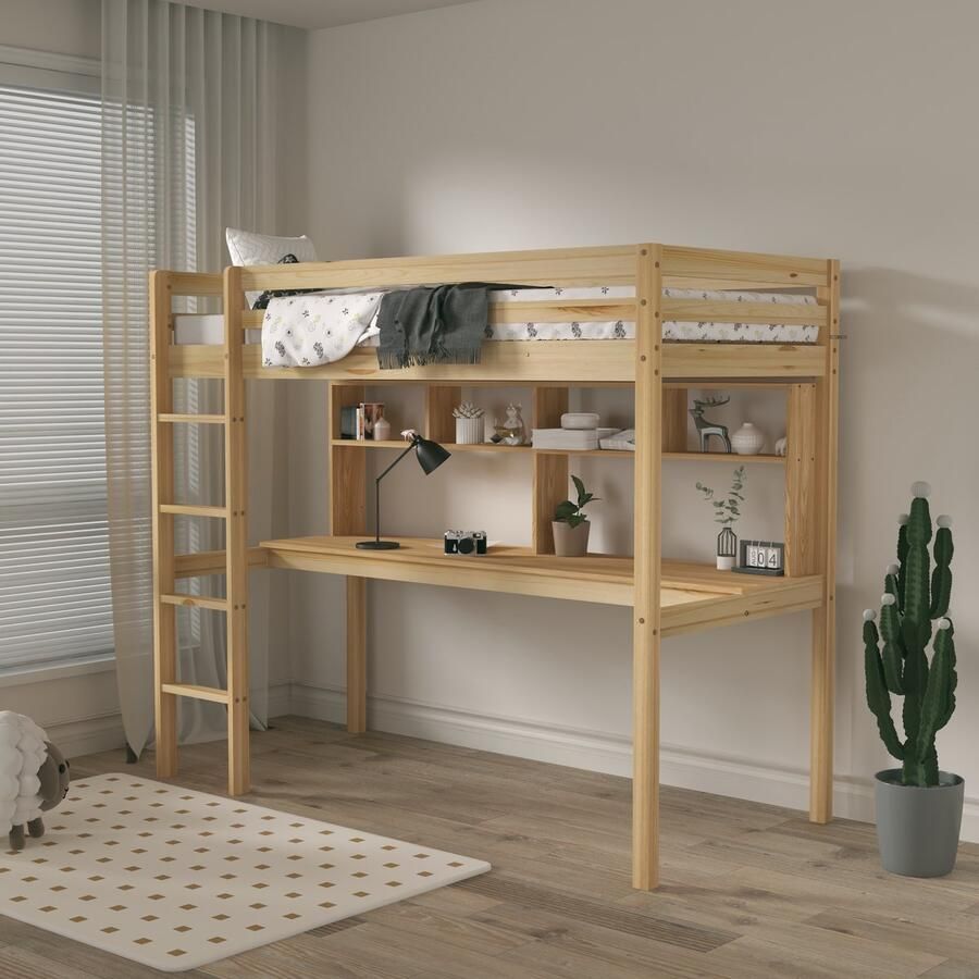 Sunny Sil Hoogslaper – Kinderbed Met Bureau – Met Boekenplank – Met Uitvalbeveiliging en rechte ladder 208 x 97 x 172 cm – Peuterbed Meisjes en Jongens – FSC 100% Hout – Met Lattenbodem Exclusief Matras – Naturel