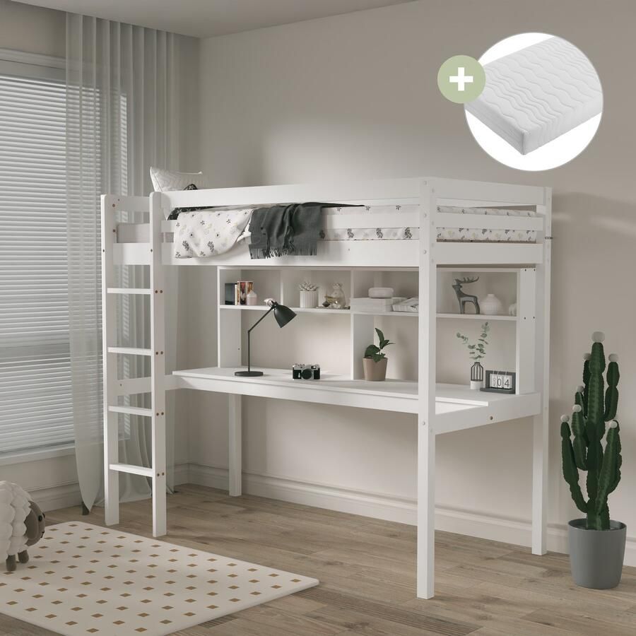 Sunny Sil Hoogslaper – Kinderbed Met Bureau – Met Boekenplank Met Uitvalbeveiliging en rechte ladder 208 x 97 x 172 cm – Peuterbed Meisjes en Jongens – 100% FSC Hout – Met Lattenbodem Inclusief Matras – Wit