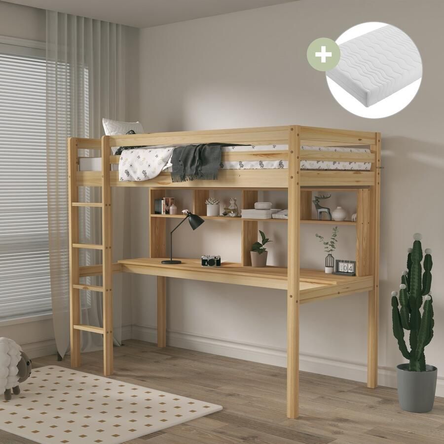Sunny Sil Hoogslaper – Kinderbed Met Bureau – Met Boekenplank Met Uitvalbeveiliging en rechte ladder 208 x 97 x 172 cm – Peuterbed Meisjes en Jongens – FSC 100% Hout – Met Lattenbodem Inclusief Matras – Naturel