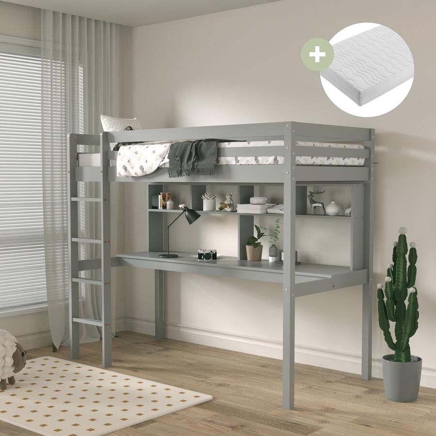 Sunny Sil Hoogslaper – Kinderbed Met Bureau – Met Boekenplank Met Uitvalbeveiliging en rechte ladder 208 x 97 x 172 cm – Peuterbed Meisjes en Jongens – 100% FSC Hout – Met Lattenbodem Inclusief Matras – Grijs