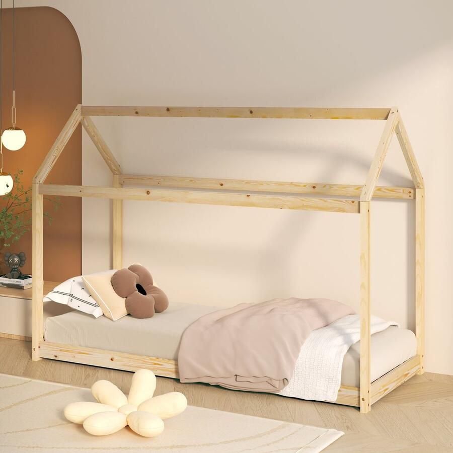 Sunny Zoey Bedhuisje – Kinderbed 206 x 98 x 154 cm – Peuterbed Meisjes en Jongens – FSC 100% Hout – Huisbed 90x200 Met Lattenbodem Exclusief Matras – Naturel