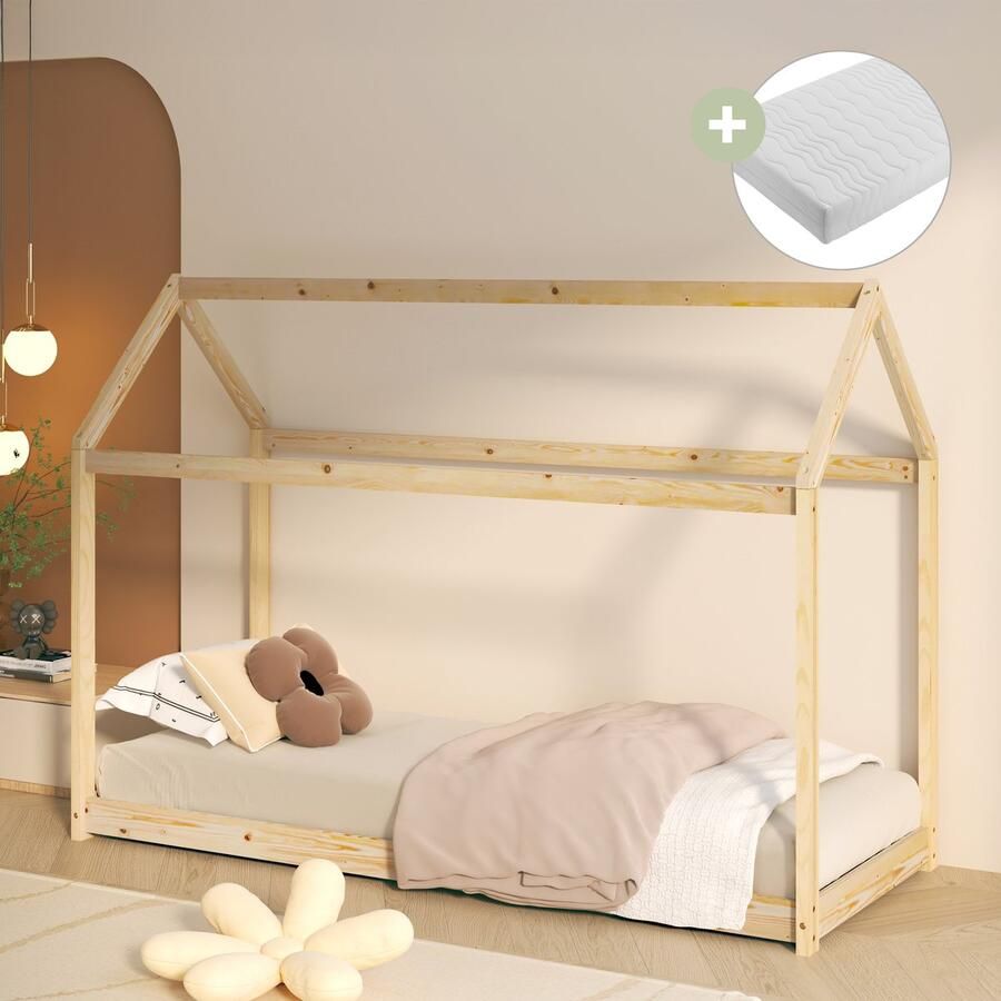 Sunny Zoey Bedhuisje – Kinderbed 206 x 98 x 154 cm – Peuterbed Meisjes en Jongens – FSC 100% Hout – Huisbed 90x200 Met Lattenbodem Inclusief Matras – Naturel