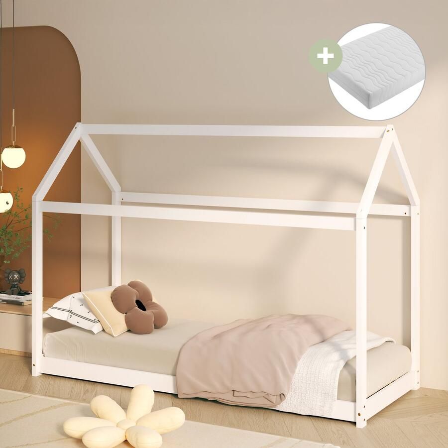 Sunny Zoey Bedhuisje – Kinderbed 206 x 98 x 154 cm – Peuterbed Meisjes en Jongens – FSC 100% Hout – Huisbed 90x200 Met Lattenbodem Inclusief Matras – Wit