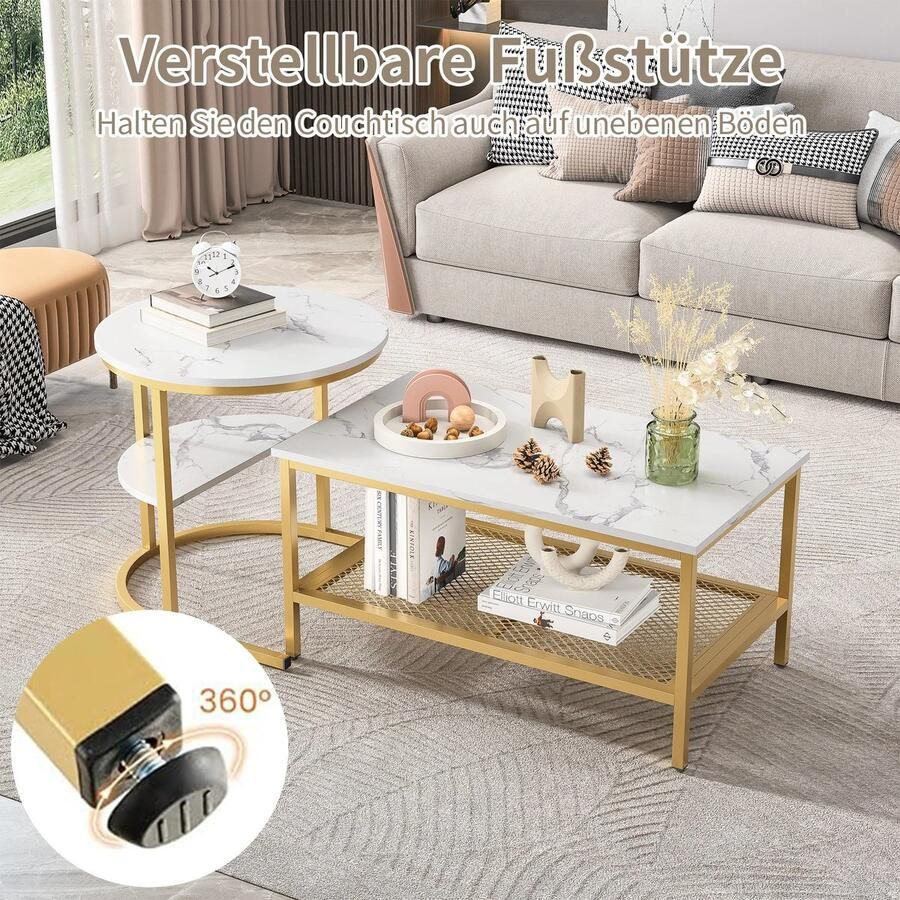 SUPER 2 Stuks Moderne Luxe Marmerlook Salontafel Set Grote Tafel L80x B46xH37cm & Ronde Bijzet Tafel Ø52xH51cm Hoogglans Marmeren Fineer Sofa Zij Nest van Tafels Eindtafels- Set van 2 Rechthoek & Ronde Koffie Tafels Gouden Frame Stijl & Functionaliteit