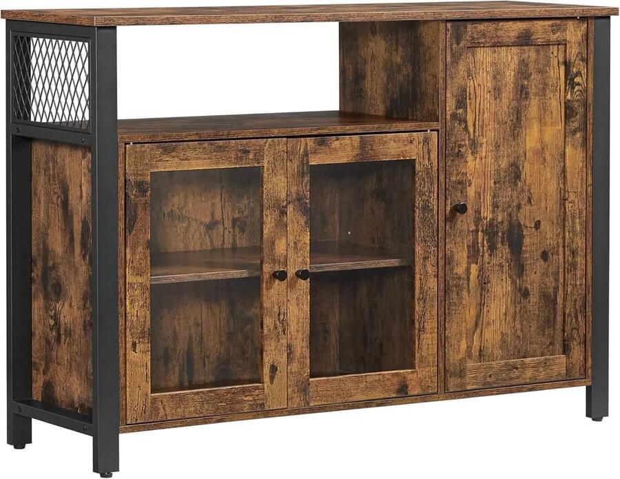 SUPER Multifunctioneel Dressoir 3 Deuren 1 Open Vak Verstelbare Planken- Industriële Stijl Opbergkast 110x33x75 Stabiel TV Meubel Zwart Stalen Frame Donker Bruin Hout Verstelbare Poten 2 Doorzichtige Deuren- Stijlvolle Zwarte Knoppen- Praktische Hal Meubel