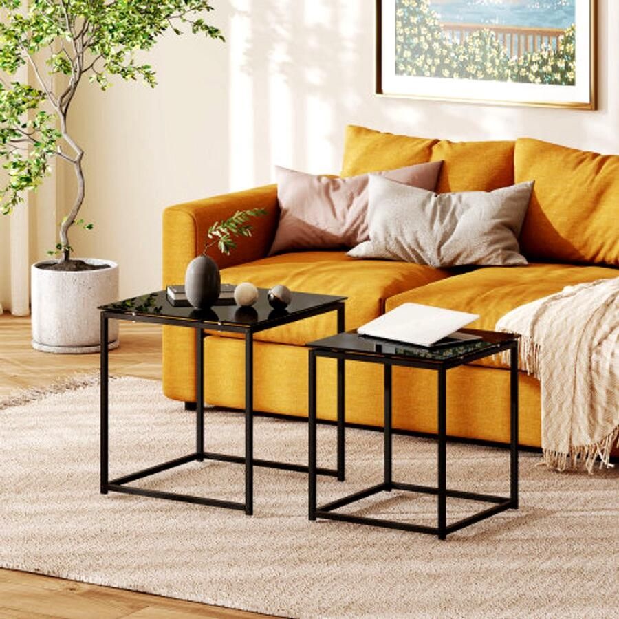 Superonlinebolt.hu Bijzettafel 2 salontafels 2 salontafels met glazen plateau vierkante bank zwart salon