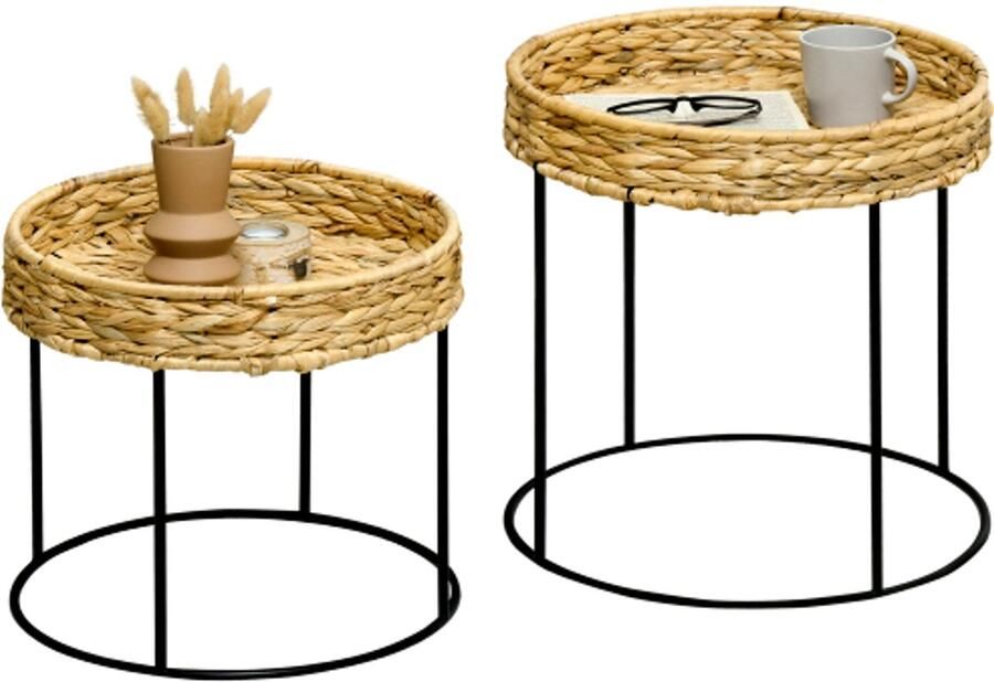 Superonlinebolt.hu Set van 2 salontafels bijzettafel boheemse salontafel gemaakt van water hyacinten en stalen woonkamer