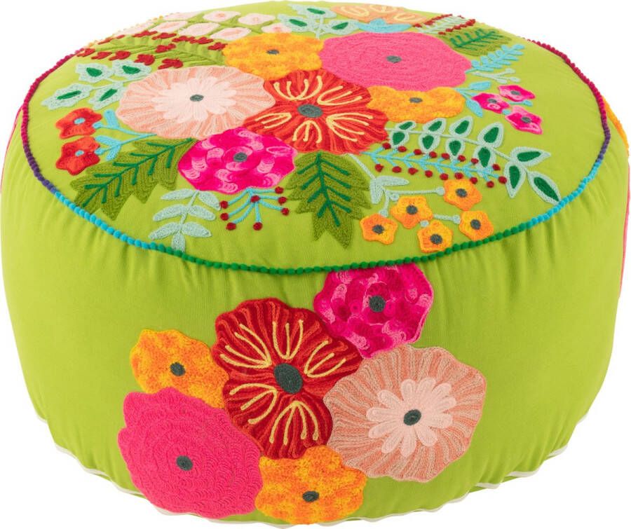 Supervintage groene velourse poef met geborduurde bloemen 10 x 50 cm