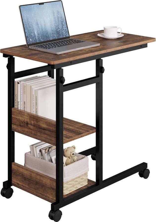 SureDeal Depot SureDeal Bedtafel Verplaatsbaar Tafeltje Slaapkamer Tafel Salontafel Bijzettafel 80x40x96 cm Bureau Wielen Slaapkamer Huiskamer Bank