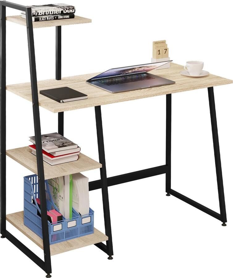 SureDeal Depot SureDeal Bureau Hout 98x50x118cm 4 Lagen Opslag Industrieel Slaapkamer Kinderkamer Kantoor