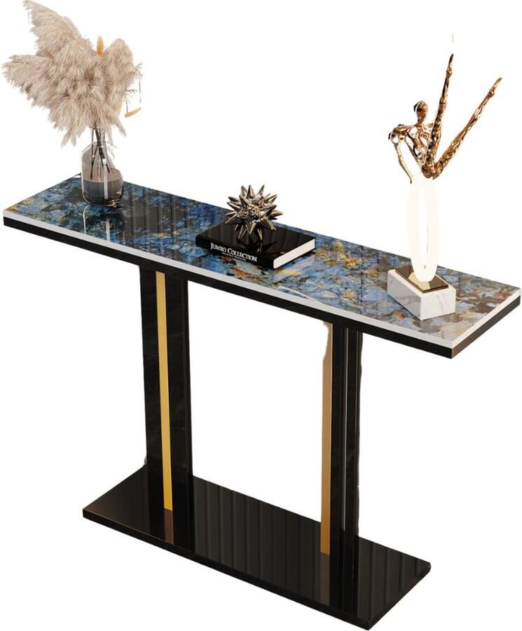 SureDeal Depot SureDeal Consoletafel Huiskamer Luxe Goud Blauw Tafelblad 118x30x78 cm Bijzettafel Wandtafel Design Gangkast Kast