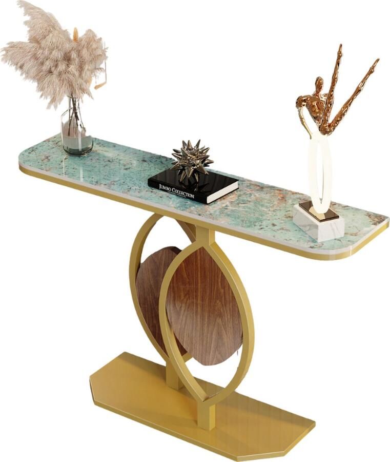 SureDeal Depot SureDeal Consoletafel Huiskamer Luxe Goud Groen Tafelblad 120x30x78 cm Bijzettafel Wandtafel Design Gangkast Kast