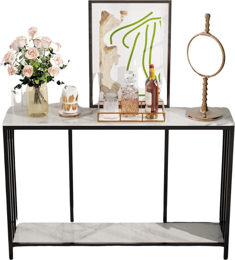 SureDeal Depot SureDeal Consoletafel Huiskamer Luxe Wit Stenen Tafelblad 120x30x78 cm Bijzettafel Wandtafel Design Gangkast Kast