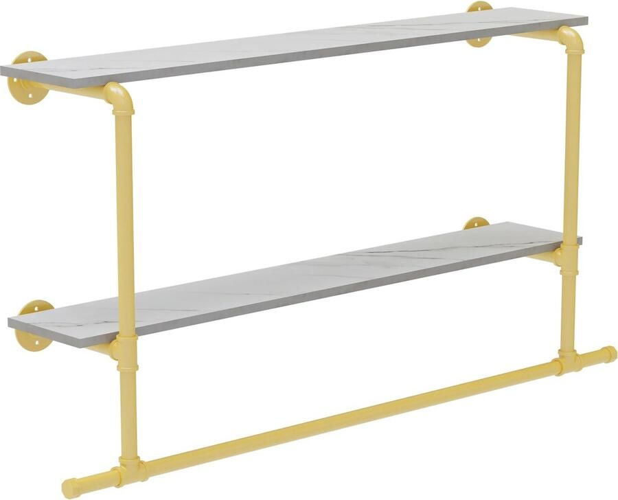SureDeal Depot SureDeal Kapstok Met Planken Industrieel Wandplank Hangend Goud Wit Marmer Wandkapstok Wandrek 116x19x67.5 cm Kledingrek Slaapkamer Badkamer