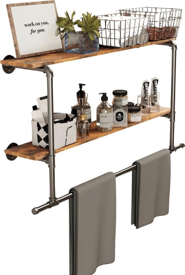 SureDeal Depot SureDeal Kapstok Met Planken Industrieel Wandplank Hangend Wandkapstok Wandrek 116x19x67.5 cm Hout Kledingrek Slaapkamer Badkamer