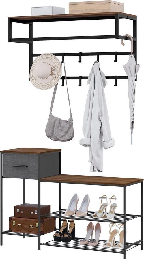 SureDeal Depot SureDeal Kapstok Schoenenrek 2 Delig Hout Zwart Industrieel Wandkapstok Schoenenkast