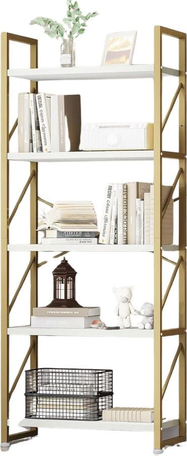 SureDeal Depot SureDeal Kast Huiskamer Boekenkast Goud Wit Hout 60x30x158cm Design Kast Binnen Kasten