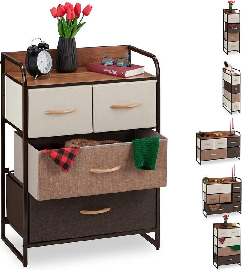 SureDeal Depot SureDeal Kast Ladekast 4 Manden 58x31.5x79 cm Hout Bruin Binnen Kast Vakkenkast Boekenkast Opbergkast Halorganizer