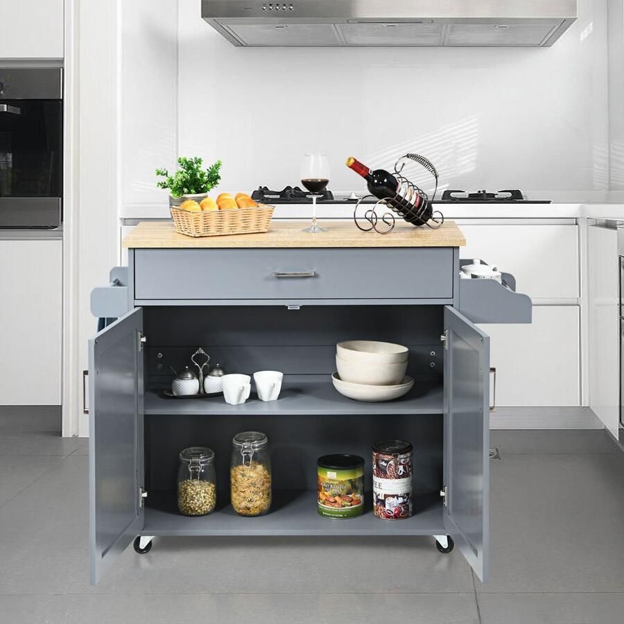 SureDeal Depot SureDeal Keukeneiland Keukenkast Met Wielen Keukentrolley Kast Grijs 116x40x85 cm Verplaatsbaar Bijzettafel Dressoir Woonkamer