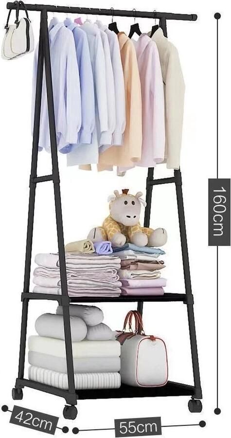 SureDeal Depot SureDeal Kledingrek Wielen Zwart Slaapkamer Kast Kledingkast Schoenenrek 55x42x160 cm