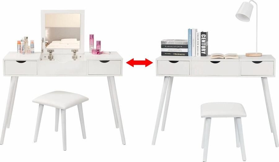 SureDeal Depot SureDeal Make up Tafel Bureau 2-in-1 met Krukje Spiegel 3 Lades 100x40x75 cm Wit Kaptafel Organizer Cadeau voor Vrouw