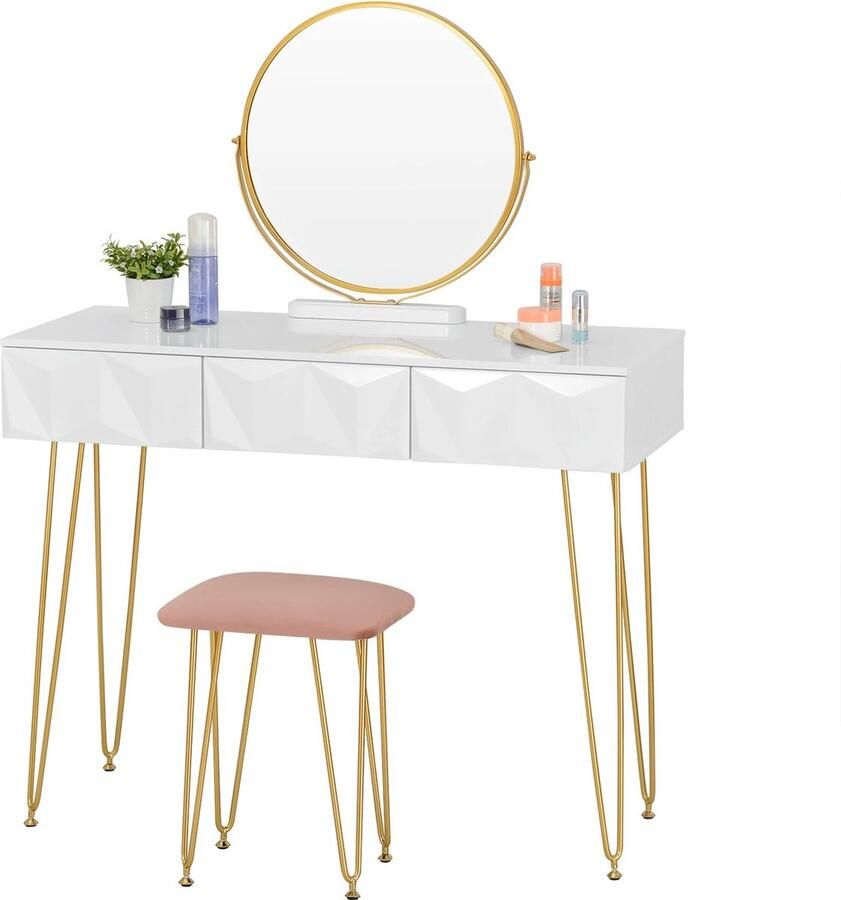 SureDeal Depot SureDeal Make up Tafel Fluwelen Krukje Roze Ronde Spiegel 3 Lades 100x40x79 cm Luxe Goud Kaptafel Organizer Bureau Cadeau voor Vrouw