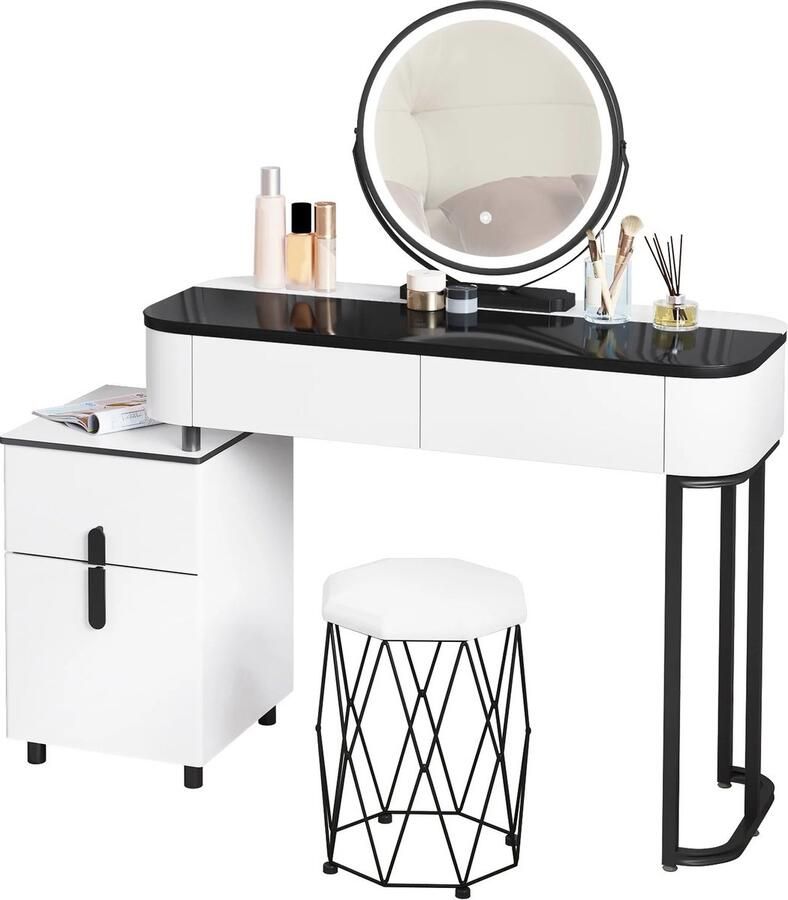 SureDeal Depot SureDeal Make up Tafel Spiegel met Verlichting 4 Lades Met Kruk Luxe Uitstraling 100x40x125 cm Led Lampen Kaptafel Kast Organizer Bureau Cadeau voor Vrouw