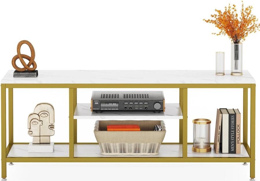 SureDeal Depot SureDeal TV Meubel Goud Luxe Salontafel 150x40x60cm Wit Televisie Woonkamer Slaapkamer Bijzettafel Kast Tafel